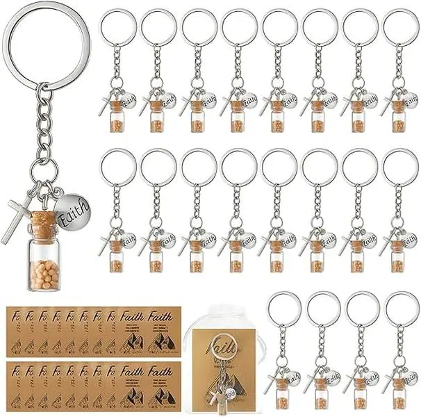 Unisex Compact Round Mustard Seed Religious Keychain Set Pack - Christian Faith Symbolic Keychain with Inspirational Card, Scripture Verse for Baptism, All-Year Gifting