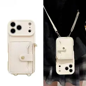 Wallet Lanyard Case for iPhone 17 Pro Max  Air 11 12 13 15 16 14 Plus Card Slots Crossbody Strap Leather Fashion Zipper Bag Cover Accessories