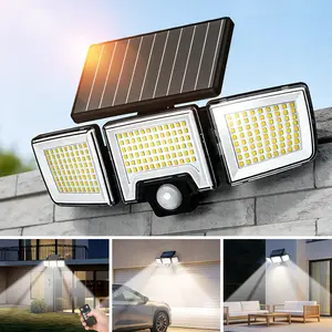 Qawtor Solar Powered Outdoor Motion Sensor Light, 3-Head 216 LED Floodlight with Remote Control, IP65 Waterproof Adjustable Security Wall Light for Garden, Garage, Driveway, Porch, Backyard Use , Summervibes, Fathersdaygift