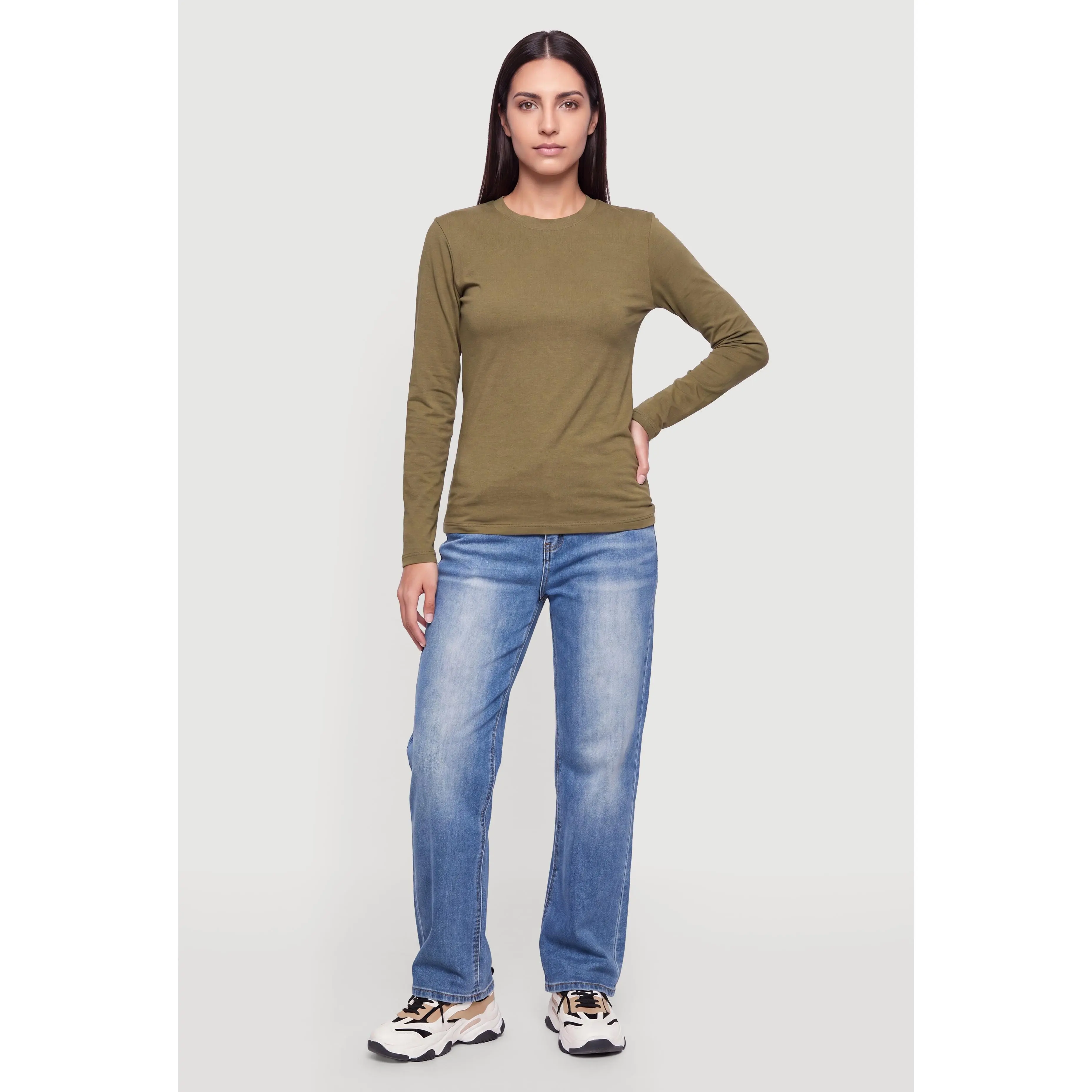 Solid Long Sleeve Crew Neck T-Shirt
