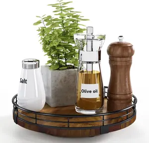 Farmhouse Oak 9" Lazy Susan Turntable Organizer for Cabinet, round Wooden Lazy Susan Organization and Storage for Dining Table, Pantry, Kitchen, Countertop, Cupboard,Home Decor, Walnut Wood AMH