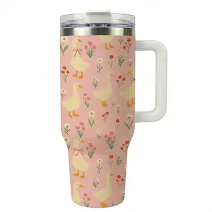 1 Pc 40oz Insulated Mug With Handle & Lid, Double Wall Vacuum Cup, Leak Proof Large Capacity Thermal Mug, Keeps Hot 12 Hours Cold 24 Hours, Floral Goose Spring Pattern, Unique Mother's Day gif, Leakproof Insulated Tumbler