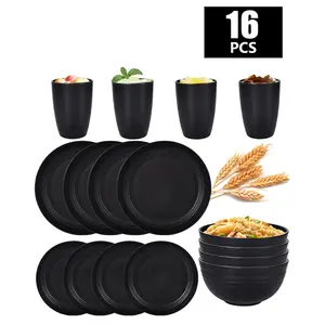 Wheat Straw Dinnerware Set-16-PieceReusable Durable Shatterproof Black PlasticPlates Bowls Cups Cutlery MicrowaveDishwasher Safe for Picnics Parties CampingFamily Meals- Tableware