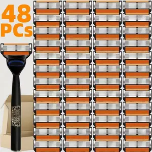 1 Handle+48 Blades, Men's 6-layer Manual Safety Razor with Stainless Steel Blades That Can Be Reused, Smooth Face Shaving and Easy Cleaning, Shaving Products, Men's Daily Care Set
