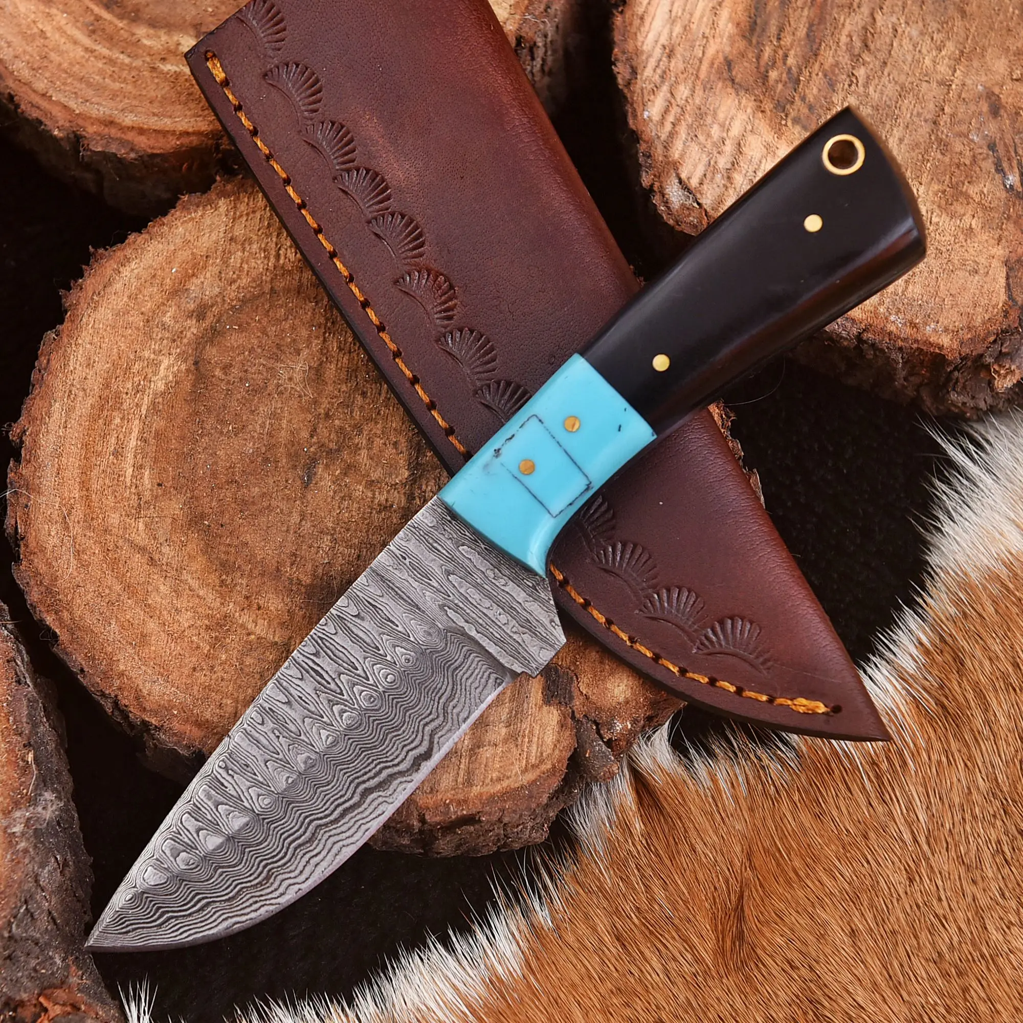 Custom Handcrafted Damascus Steel Fixed Blade Skinner Knife Outdoor Knife With Sheath
