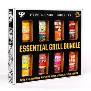 Fire & Smoke Society Essential 8-Pack Grill Bundle - 6 oz Bottles of Our Best Selling Seasoning - Chica Licka Bam Bam, Potato Slayer, Honey Garlic & Onion Butter, Thundering Longhorn, Sweet Preacher, Pork Perfect, The Usual