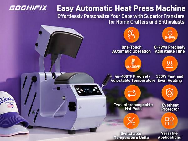Auto Hat Heat Press Machine, Automatic Open/Release, 4 Memory Modes, Precise Temp/Timer Control, 6.54"x3.84"Curved Heat Plate, Hat Stretcher, for Caps, Sublimation, Vinyl, Heat Transfer
