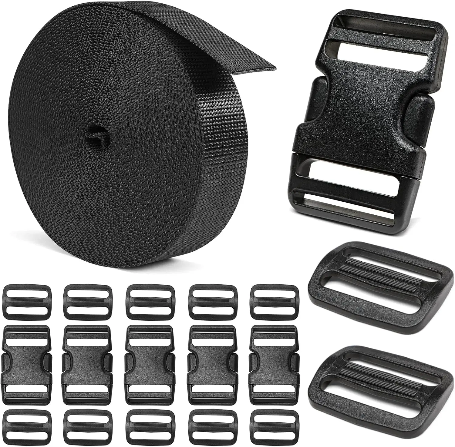 Black Heavy-Duty Buckles and Strap Set 1-1/2": 6 Yards of Thick Nylon Webbing, 6-Pack Adjustable Quick Side Release Plastic Buckles, 12 Tri-Glide Slide Clips(1-1/2" Combo Set) - Home Improvement.