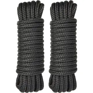 Boat Dock Lines 2 Pack 3/8" x 25' Double Braided Nylon Boat Ropes for Docking with 12" Loop, Marine Grade High Strength Boat Lines,  Marine Rope Mooring Lines, Easy Handling, Black