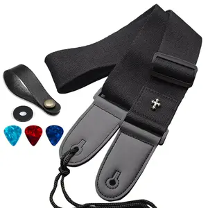 Guitar Strap, Acoustic Electric Guitar Straps, Adjustable Leather Ends Bass Guitar Strap with Picks Pocket