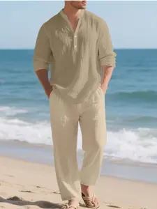 Men's High-Quality Linen Set, Beach Button Shirt & Casual Loose Pants, Spring Summer Wear, Comfortable Breathable Fabric Clothes