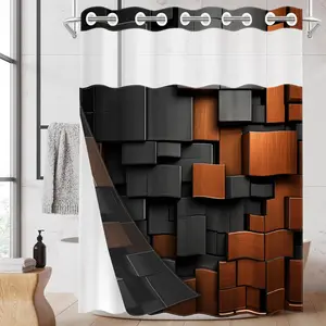 1pc hookless shower curtain with buckle lining, black and orange 3D square patchwork design, 2D flat printing, waterproof fabric lining, see-through double-layer shower curtain, 71 x 74 inches, modern home draping curtain.
