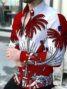 Red & White Coconut Tree & Flag Printed Men's Patriotic Shirt
