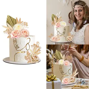 21pcs Boho Cake Topper Decoration Acrylic Minimalist Art Lady Gold Face Cake Topper Vintage Artificial Rose Flowers Leaves Cake Topper Decor for Bohemian Birthday Wedding Bridal