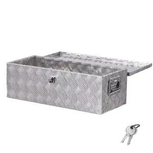 fathersdaygift VEVOR Heavy Duty Aluminum Truck Bed Tool Box, Stripes Plated Tool Box with Side Handle and Lock Keys, Storage Toolbox Chest Organizer for Trailer, Pickup, Truck Bed, RV, 30x13x9.6, Silver