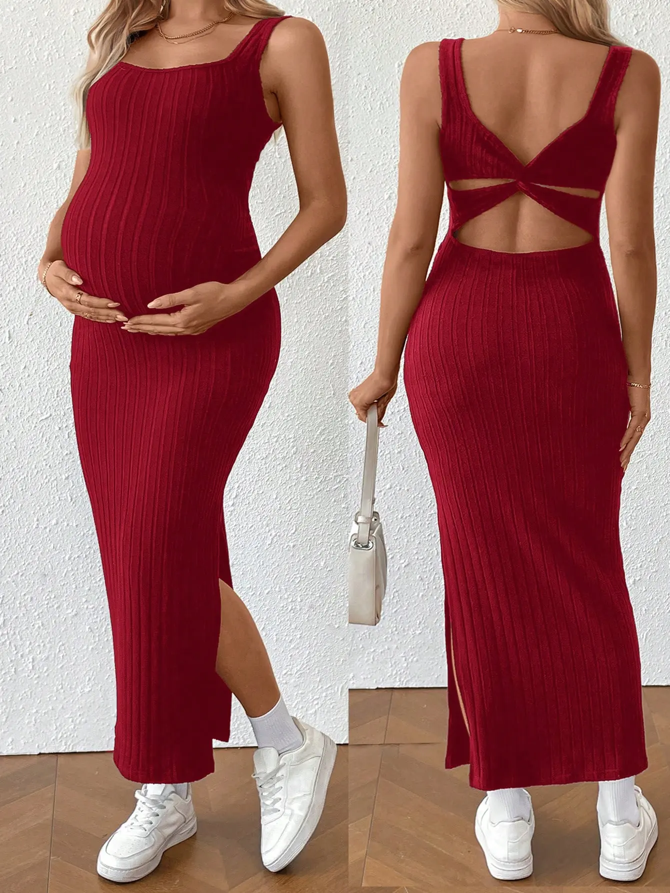 Maternity Casual Solid Color Back Twist Sleeveless Fitted Beach Dress