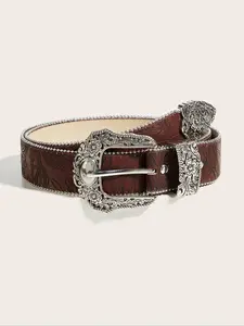 Spring Western Cowboy Style Embossed Casual Belt, Western Concho Belts, Trendy Carved Metal Buckle Waistband, Perfect for Jeans Skirts Pants