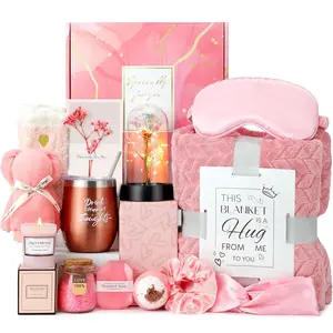 Gift Set for Women Birthday Recovery, Luxury Spa Care Kit with Fleece Blanket, Glowing Rose Flower, Unique Self-Care Gift Basket, Gift Box