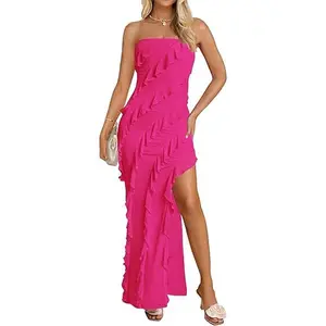ZESICA Women's 2025 Strapless Bodycon Dress Sexy Off Shoulder Mesh Tassel Ruffle Side Split Tube Party Maxi Dresses