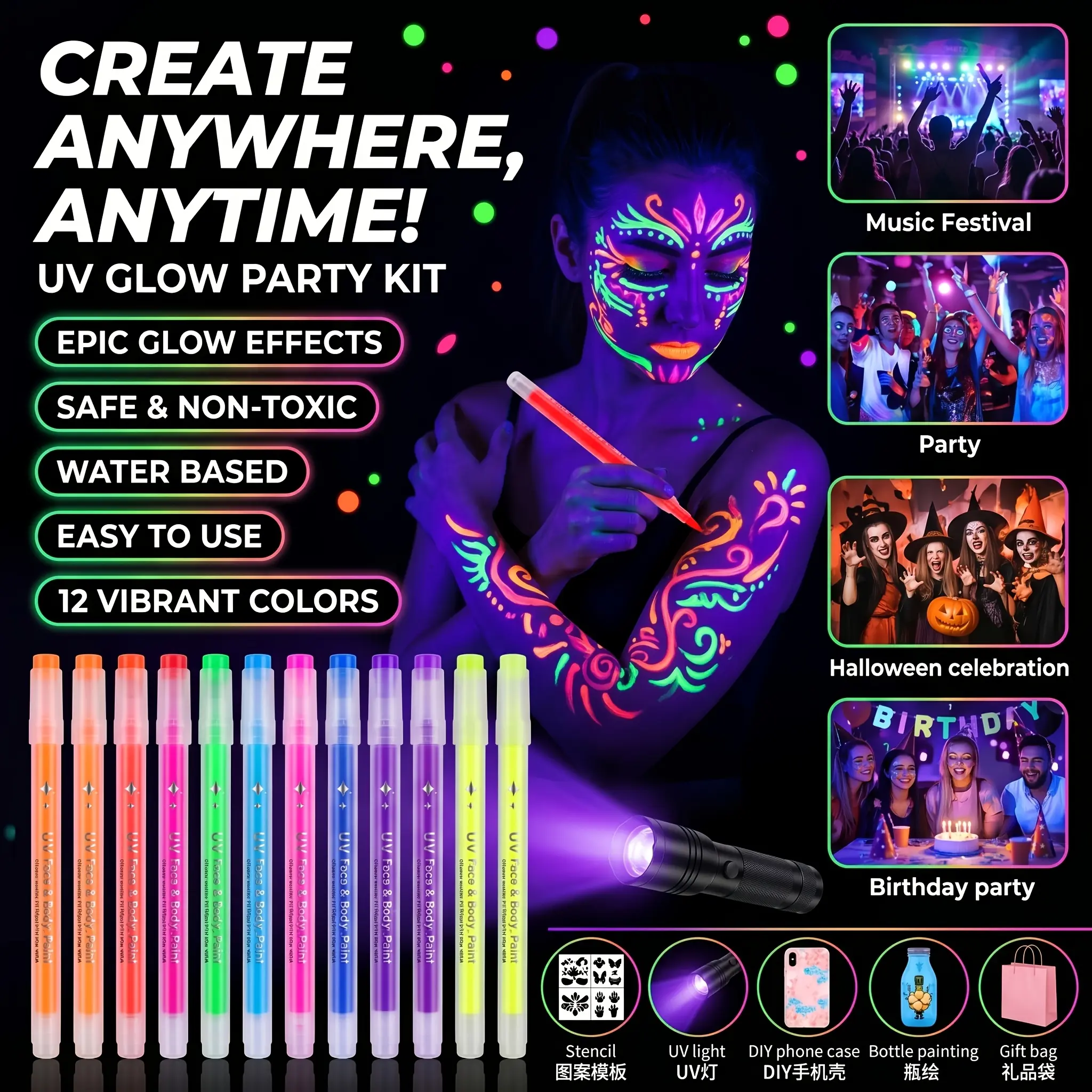 12-Pack Glow-in-the-Dark Highlighter Set With Sticker Stencils And UV Light, FluorescentMarkers For Stage Makeup, Halloween, Carnival, Music Festivals, Birthday Parties, Suitable ForDrawing, Journaling, Poster Making, Scrapbooking, And Art Supplies