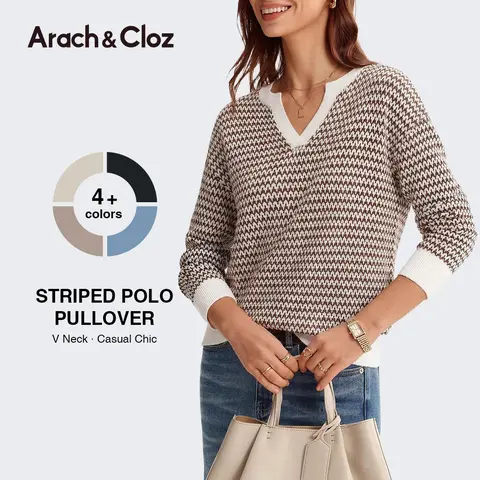 Arach&Cloz Women's V Neck Striped Polo Casual Fall Pullover 2026