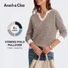 Arach&Cloz Women's V Neck Striped Polo Casual Fall Pullover 2026