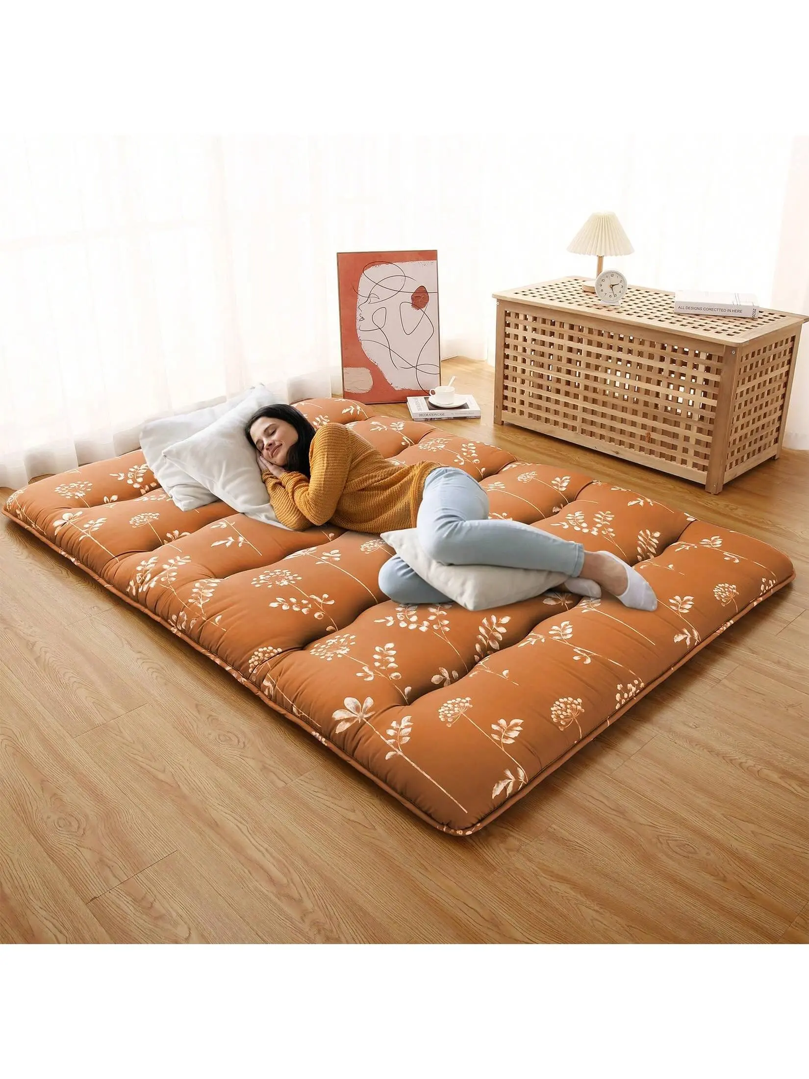 3-Inch Thick Japanese Futon Mattress (54"w x 80"l Full-Twin XL) with Quilted Mattress Cover, Cooling Breathable Floral Tatami Floor Pad, Leaf Topper, Portable Travel-Camping Accessory, Father’s Day Gift for Living Spaces, 3 Inches Thick