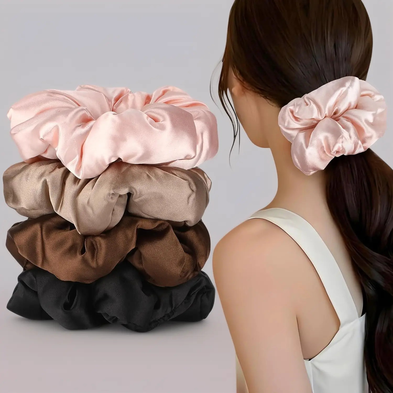 Women's 4-Pack Large Satin Scrunchies - Gentle Pillow Scrunchies for Thick Hair, No-Breakage Ponytail Holders for Sleep & Everyday Style, Pillow Scrunchie