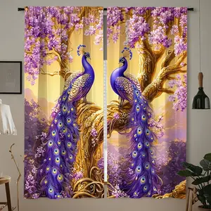 Luxurious Gold Peacock Floral Print Curtains, Long Vertical Panel Pair, Light Blocking, Suitable for Living Room Bedroom Spring Wedding, Home Textile