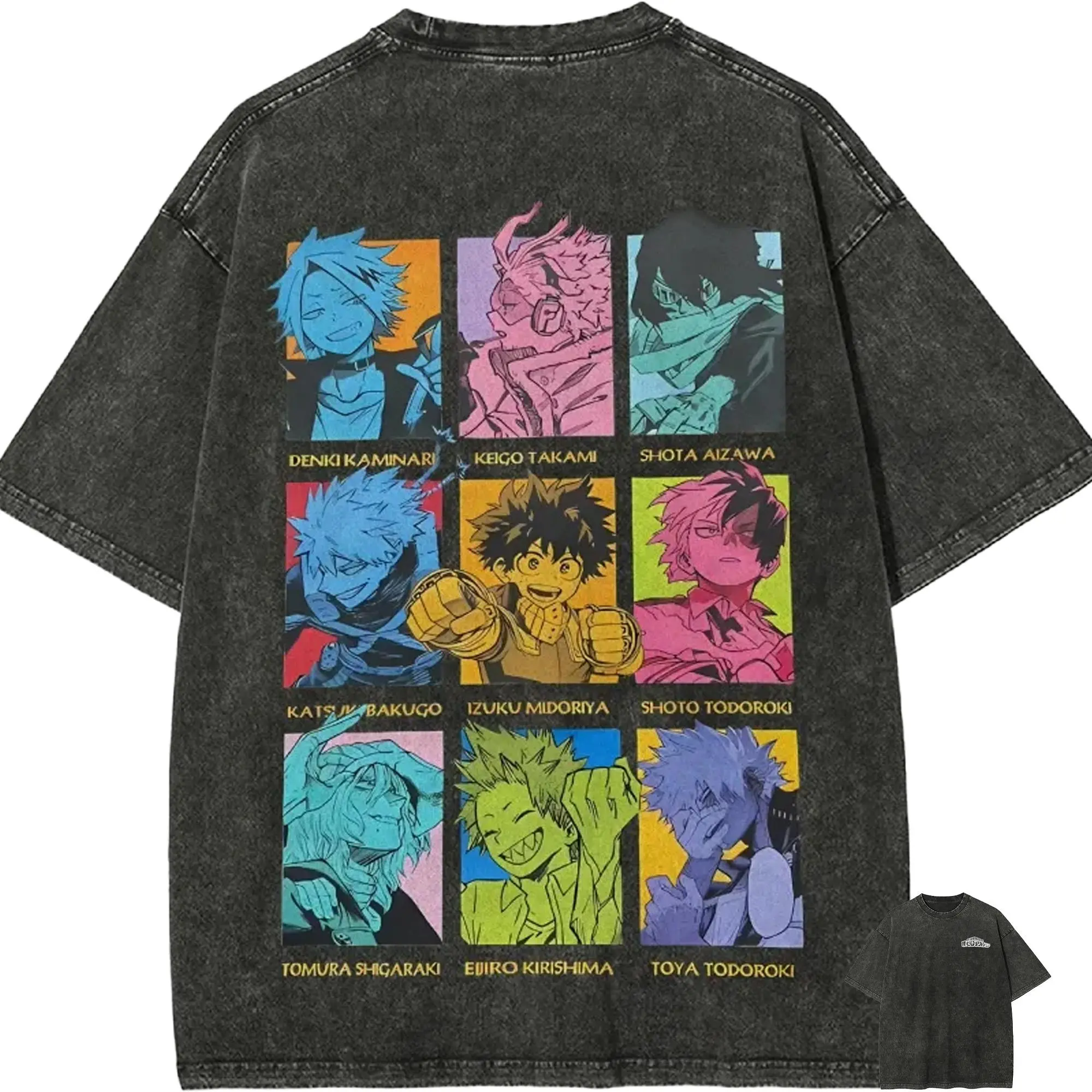 My Hero Academia T-shirt for men, acid-washed anime style, featuring Bakugo, Todoroki, Midoriya designs, cotton streetwear, nine-panel manga collage T-shirt, Father's Day gift