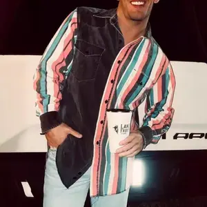 Men’s retro denim shirt with a Western-style striped loose fit, long sleeves, and an irregular buttoned collar; suitable for casual retro streetwear, everyday wear, and outdoor gatherings. giftGARMENTARY