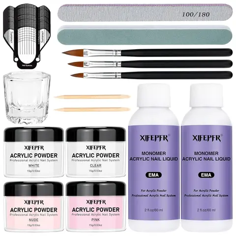 Acrylic Nail Kit, 1 Set Clear Pink White Nude Acrylic Powder & Acrylic Liquid Monomer Set with Acrylic Nail Brush & Nail Forms, Nail Art Kit for Beginners Manicure