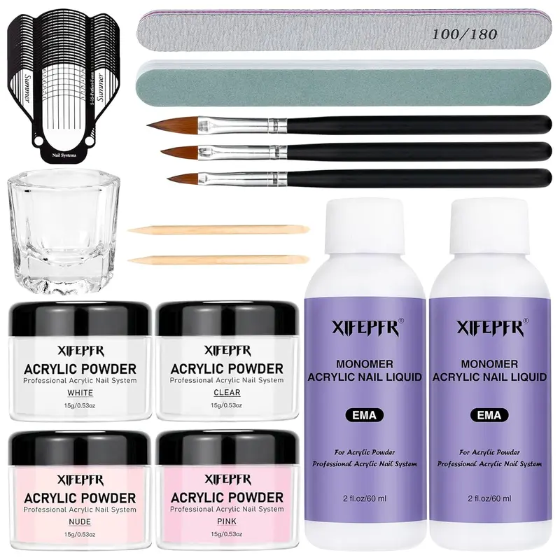 Acrylic Nail Kit, 1 Set Clear Pink White Nude Acrylic Powder & Acrylic Liquid Monomer Set with Acrylic Nail Brush & Nail Forms, Nail Art Kit for Beginners Manicure