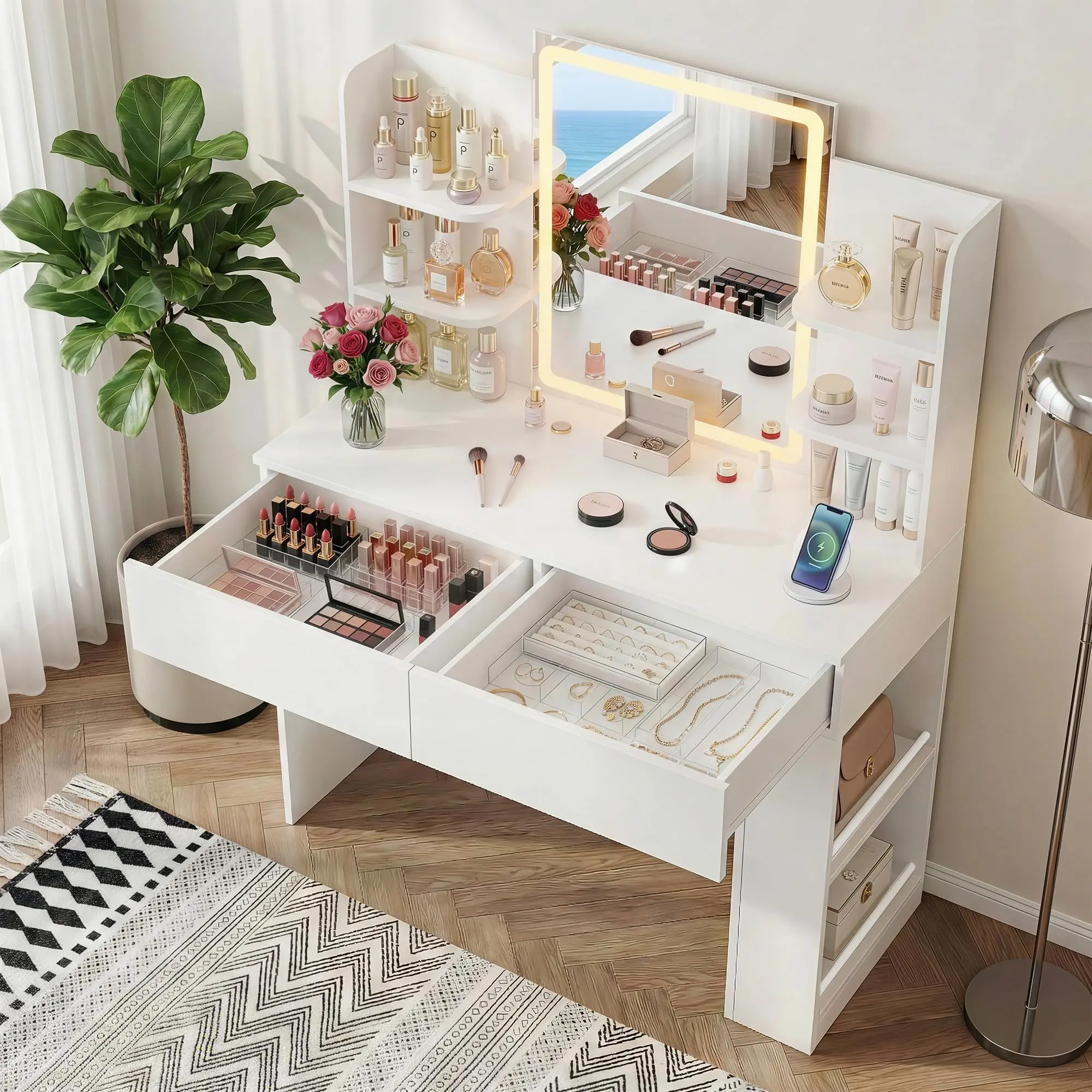 Furmax 35.4" Vanity Desk with LED Mirror and Lights,Makeup Vanity with 2 Storgae Drawers, 2 Side Shelves, and Open Storage Shelves, 3 Color Modes, for Bedroom, Classic White