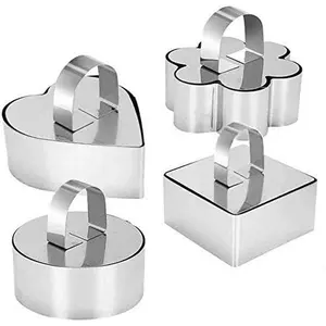 Stainless Steel 3D Cake Molds with Pusher Lifter Cooking Rings Set of 4, Baking Dish Bakeware Tools Cupcake Mold Mousse Ring Cheese Tools Salad Cake Dessert Mould