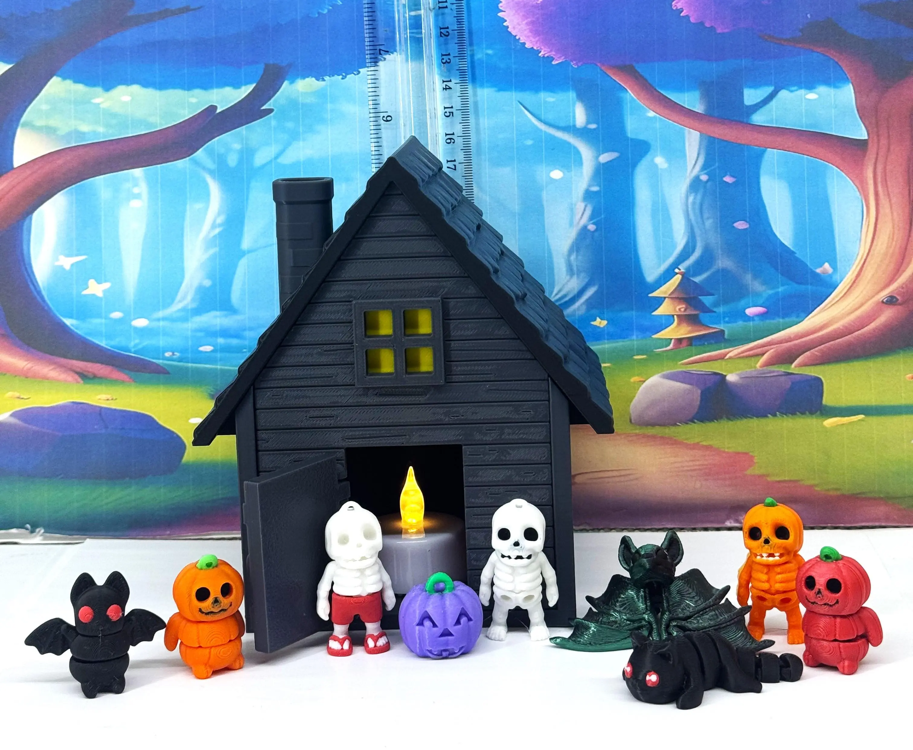 Haunted House with Halloween Articulated Minis and Tea light, 9pcs Spooky Display Set, 3D Printed Playset-HHSET2-9X Decor Gift