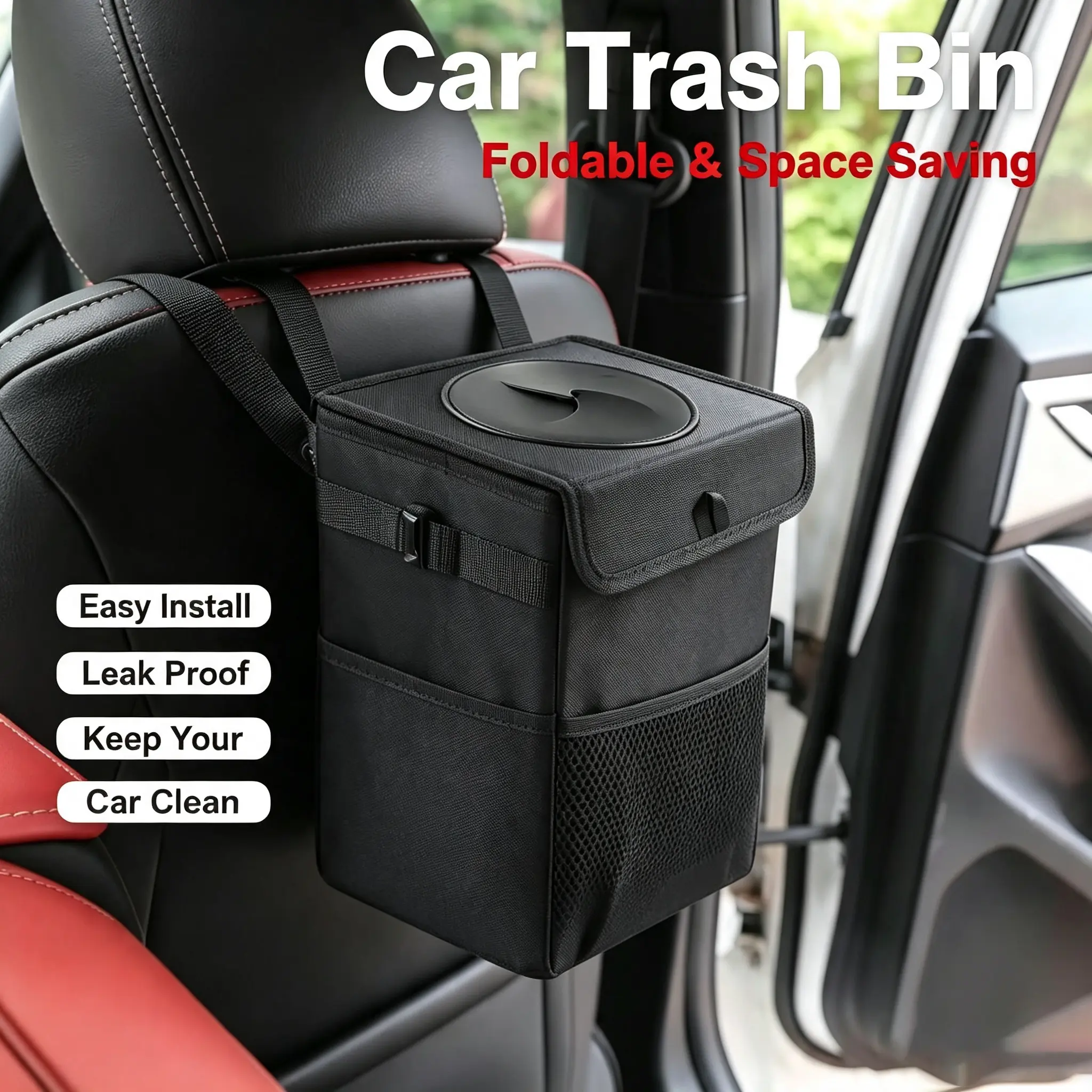 DIYCOM Car Trash Can with Fits Cup Holder - Leakproof, Water-Resistant, Foldable Design Auto Garbage Bin with Lid, Cars Vehicle Accessories for All Seats Mounting & Tidying Clean Driving travelessentials