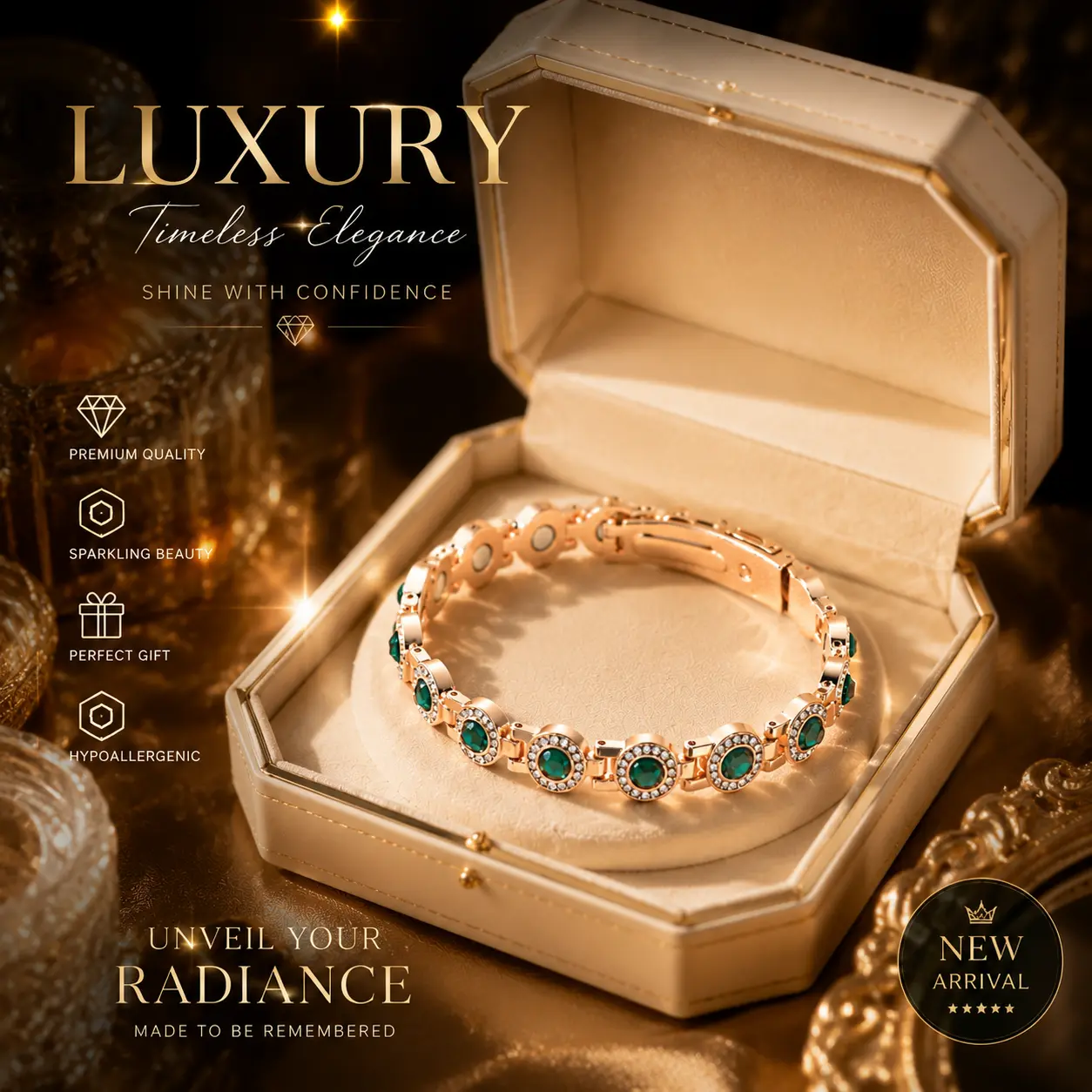Round Full-Rhinestone Magnetic Bracelet — Stylish Single-Row, Anti-Static Magnetic Therapy Bracelet | Rose Gold & Green Crystal | 3rd Gen Watch Clasp Design