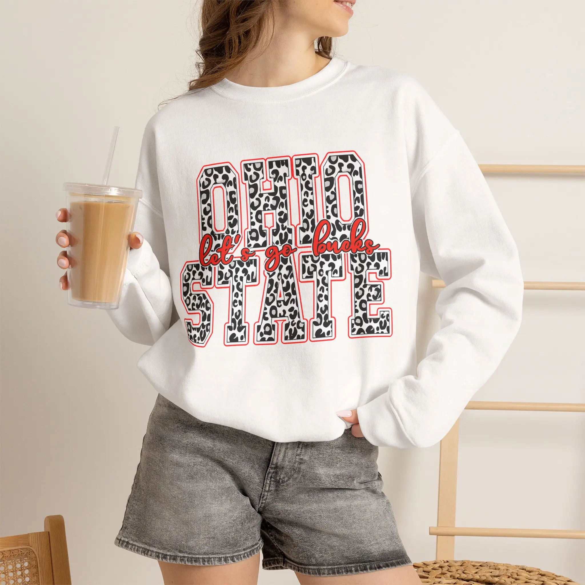 Men's Ohio State Crew Neck Cotton Blend Sweatshirt - Leopard Layered Print, Embroidery Script, Cold Wash College Sports Cheer Top