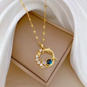 1Pc Elegant Dolphin Starry Sky Glass Stone Copper Pendant Necklace for Women Charm Ladies Party Jewelry Accessories Decoration Fashion Valentine's Day Anniversary Holiday Gift