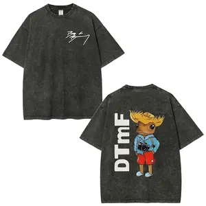 Men Washed T Shirt Cotton T-Shirt Black Dtmf Cartoon Character And Text Suitable for Both Men And Women