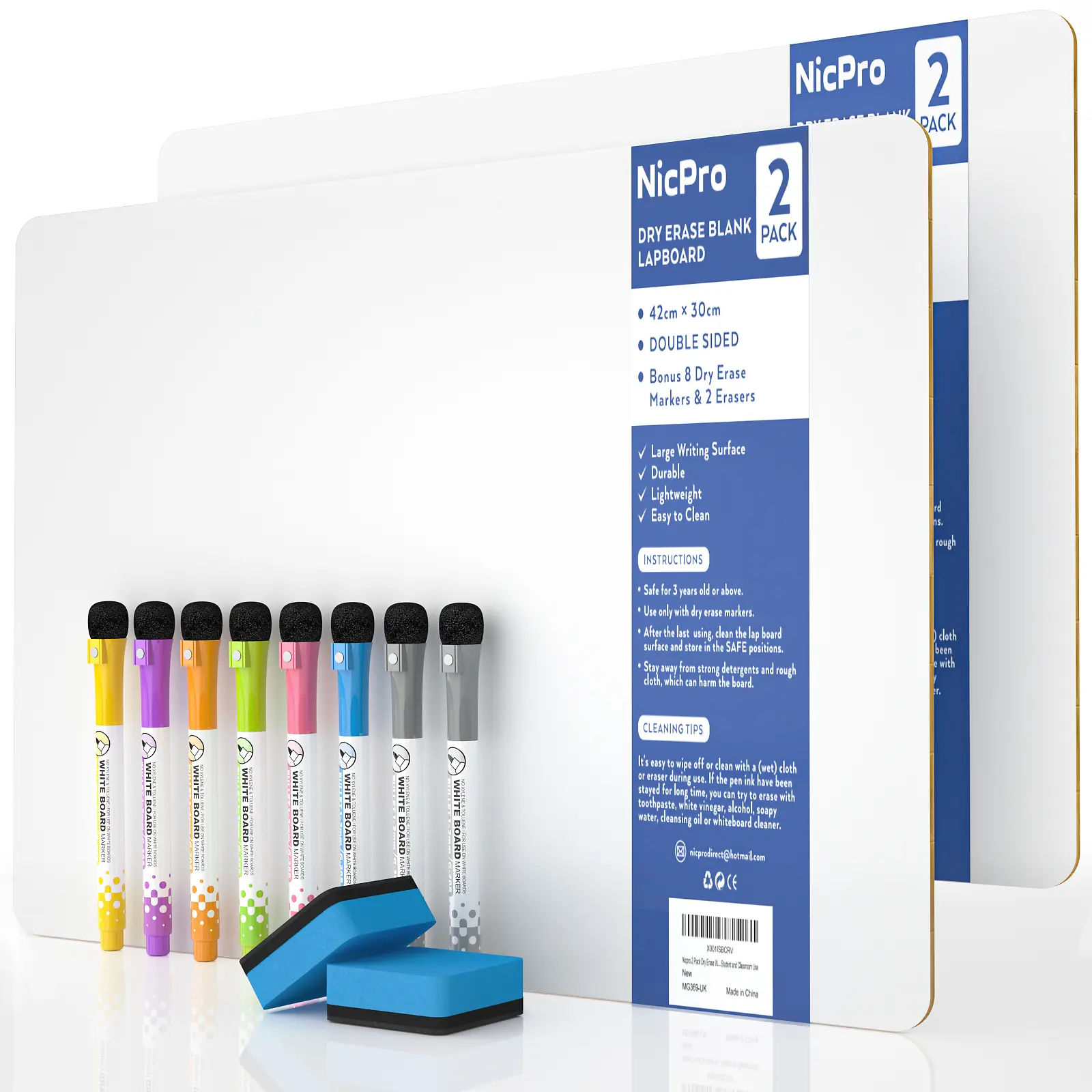 Nicpro 2-Pack 12x16 in Double-Sided Blank Dry Erase Lap Board - Portable Mini Whiteboard with 8 Dry Erase Markers, 2 Erasers, Color Marker Set for Students, Learning Materials