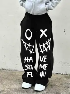 Men's Casual Sporty Long Pants, Fun Face Print, Drawstring Wide Leg, Loose Fit, All Seasons, Graphic Pattern, Men's Clothing