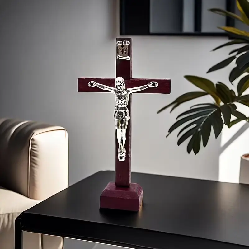 Wooden Jesus Christ Statue 2.36x4.13 Inches, Religious Home Decor, Durable Wooden Base, No Power Needed, Indoor Desktop Placement, Wooden Cross