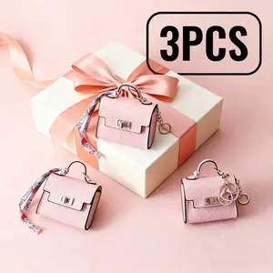 3PCS Mini Square Bag Pendant Keychain - High Quality Leather with Colorful Strap, Cute Car Keychain & Bag Charm Accessory
