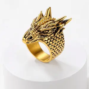 U7 Men's Animal Rings Drago Tiger Shark Dinosaur Head Ring Stainless Steel Punk Rock Biker Gift