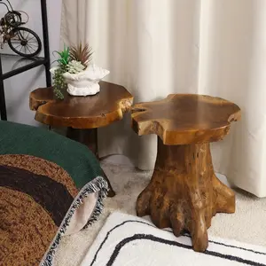 Handcrafted Rustic Teak Root Side Table, Live Edge Flower Stand, Natural Edge Wood End Table, Accent Table, 19.5" Tall, Rustic, Black Brown