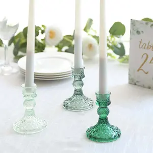 6-Pack Glass Taper Candlestick Holders 4" Diamond Pattern Design Assorted Green - Reversible Crystal Pillar Votive Stands