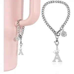Silver Letter Charms for Stanley Cup- Crown Letter Charms Accessories for Stanley Handle 40Oz Tumblers Water Bottle Cup Initial Keychain with Diamond Glitter Jewelry Personalized Decorations A