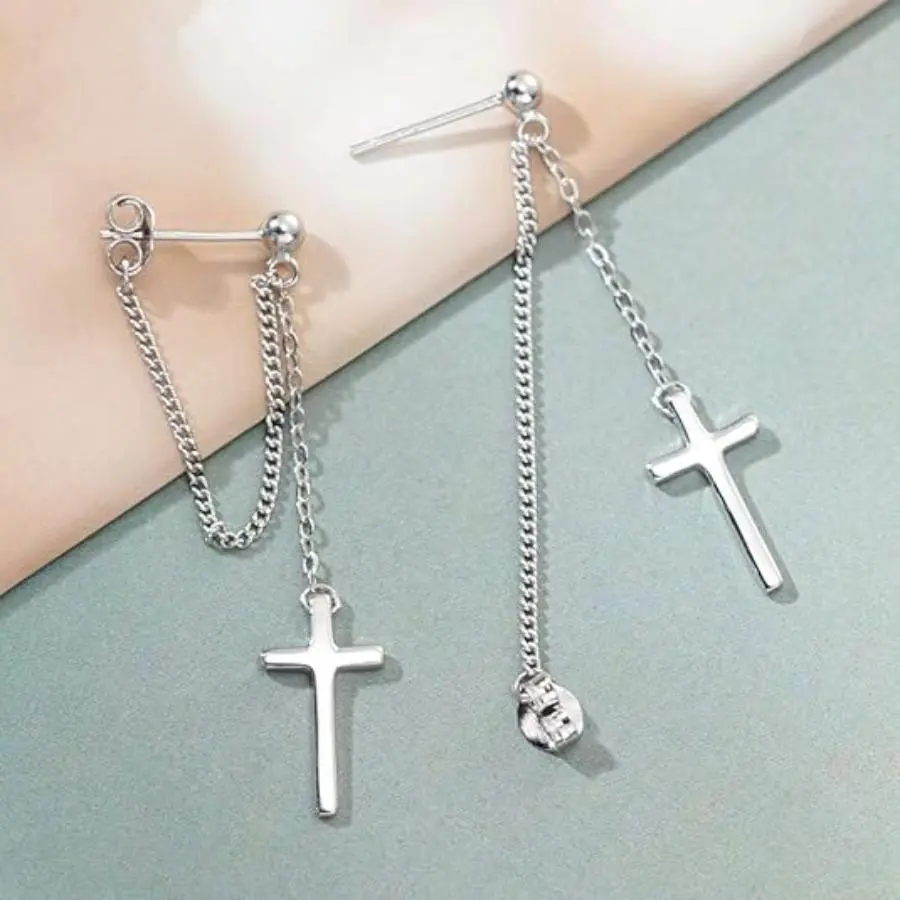 Studded Cross Dangle Drop Earrings, 2''-5.2cm Ear Studs, Fashion Jewelry Accessories for Holiday Valentine Gifts, Daily Wear Costume Jewelry